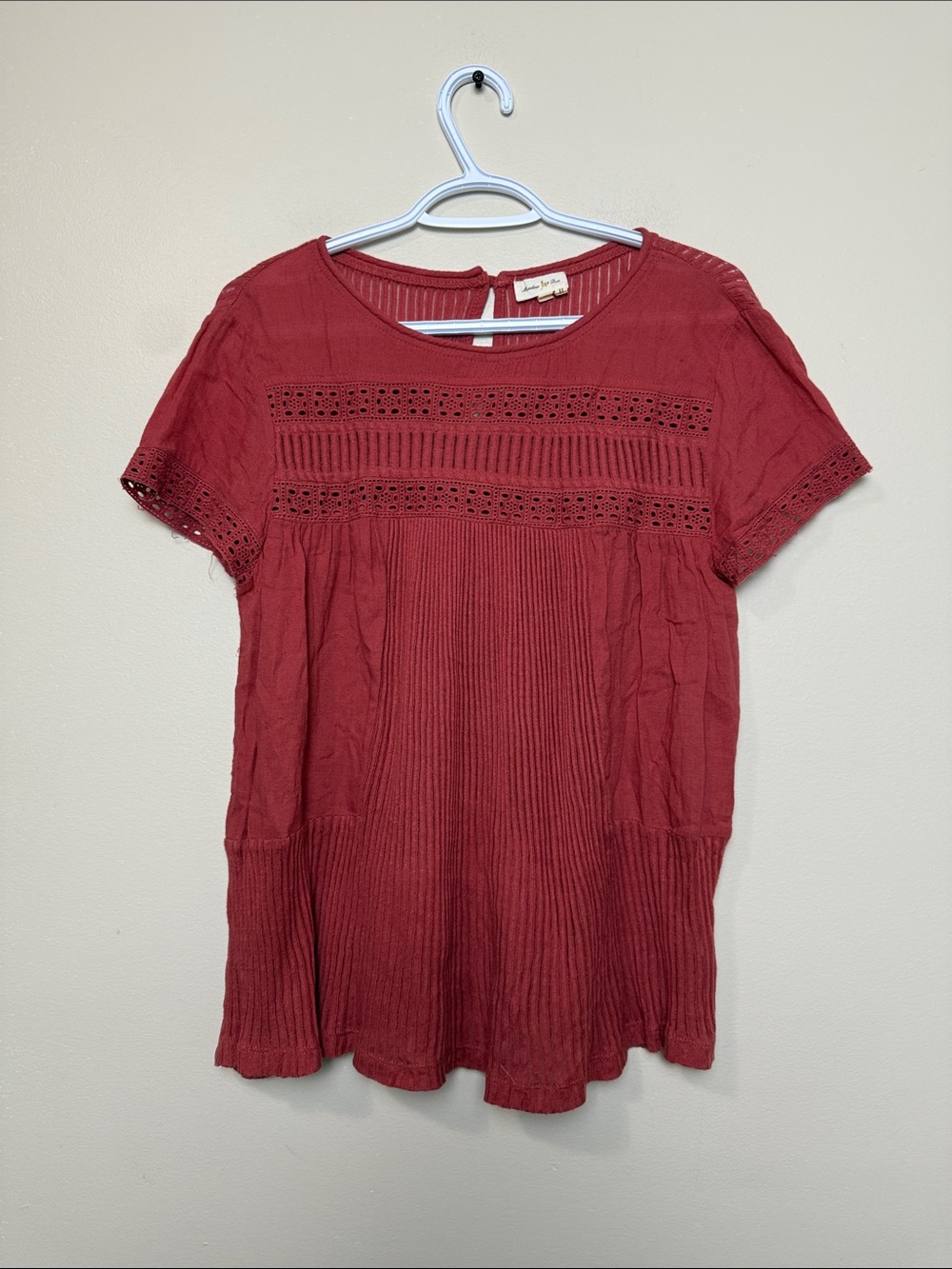 Anthropologie x Meadow Rue Brick-Red Crochet-Trim Short Sleeve Tunic size M